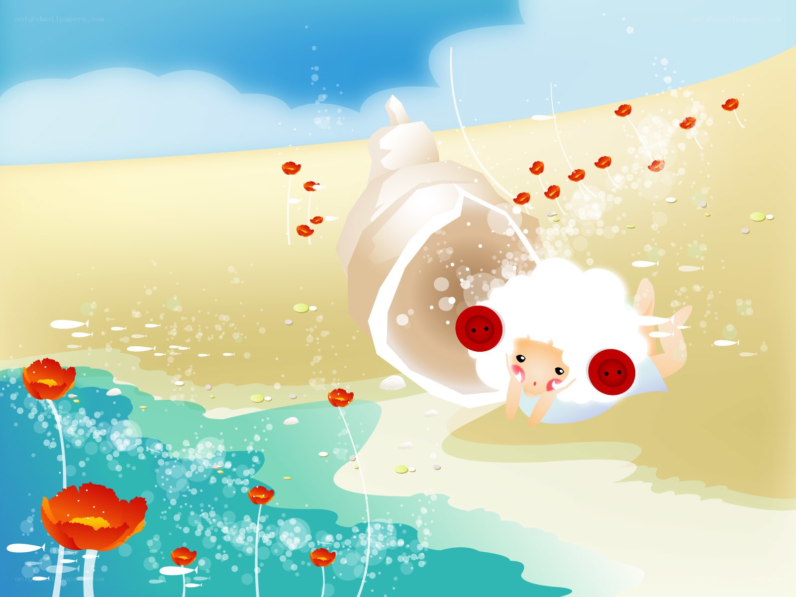 sheep in a seashell on the beach