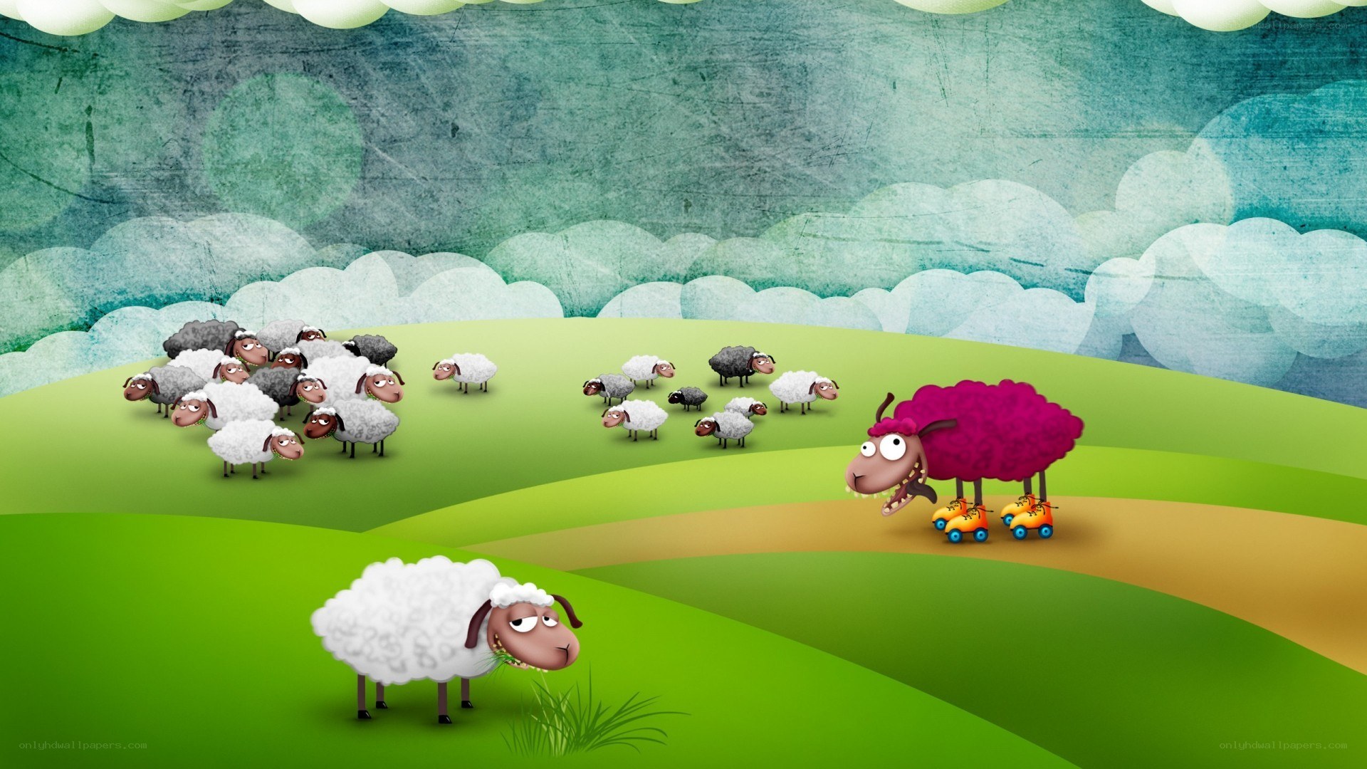 sheep on a hill with roller skates