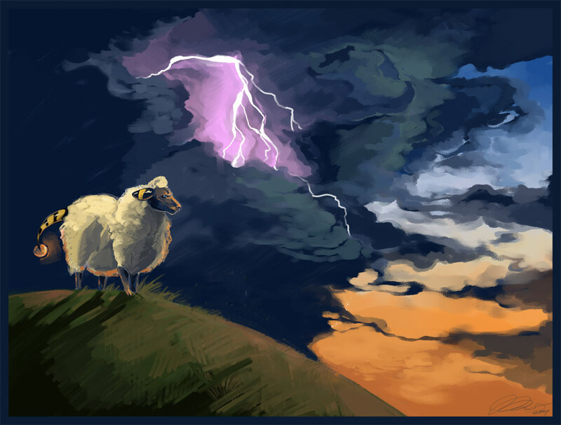 Sheep under a stormy sky