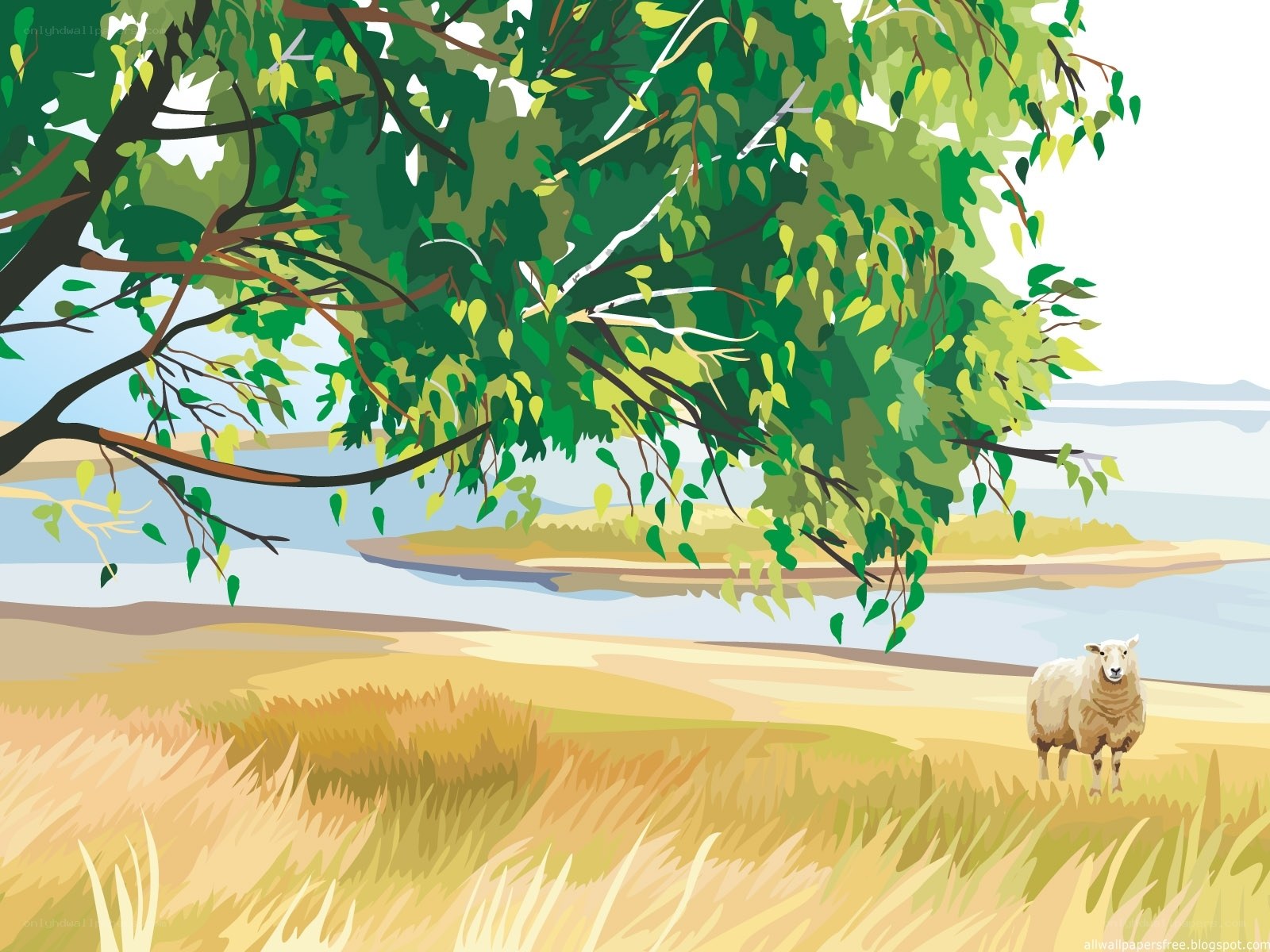 Sheep under a tree by the river