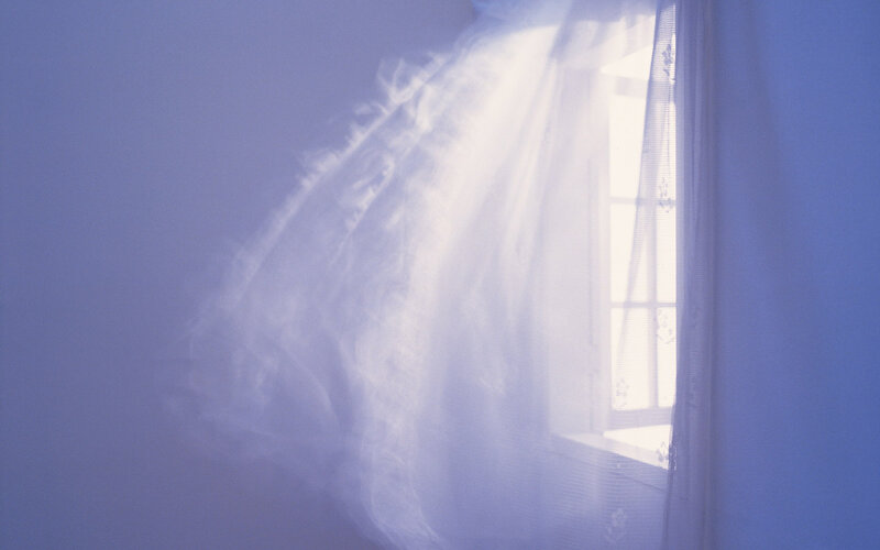 Sheer Curtain at Window — Blue