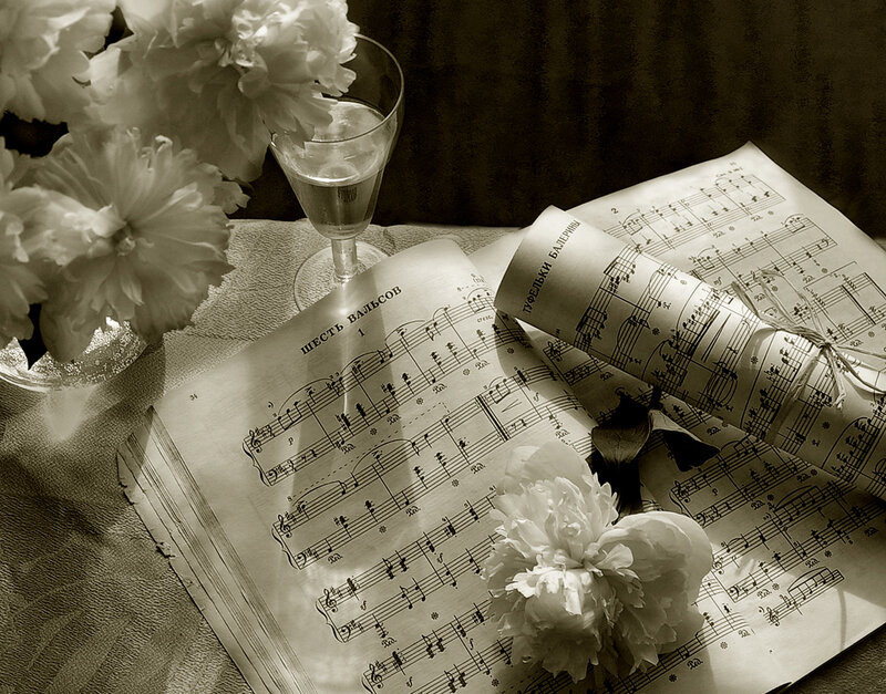 Sheet Music with Flowers — Sepia