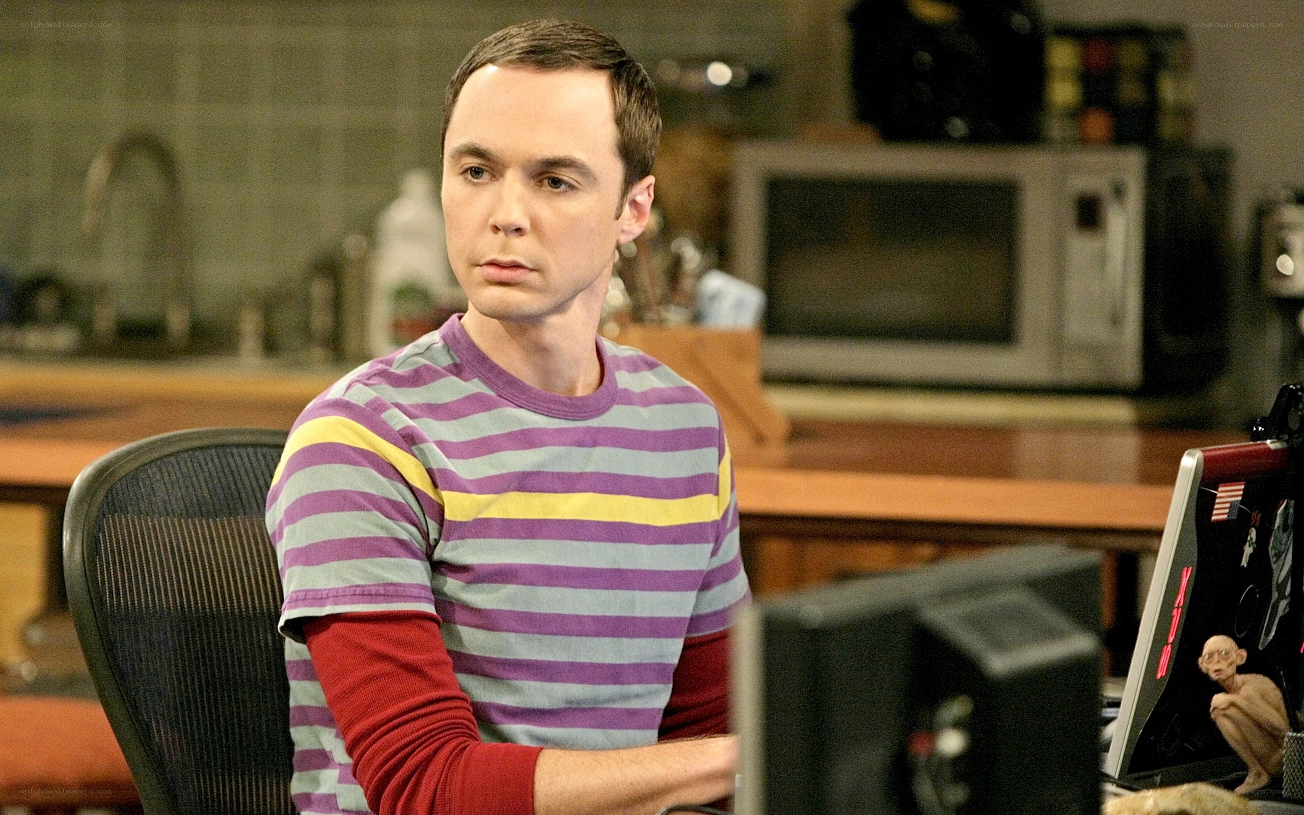 Sheldon in striped shirt
