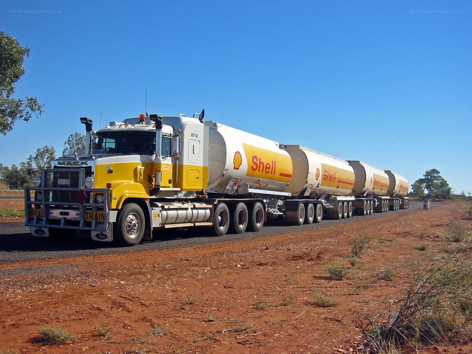 Shell fuel tanker on a desert road