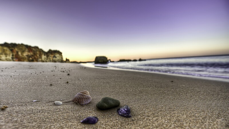 Shells and Stones on Beach — Purple, Serene, Sunset