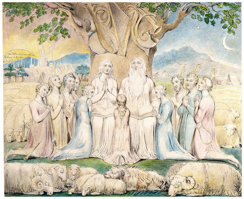Shepherd and flock under a tree