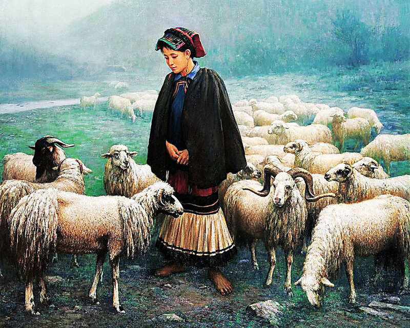 Shepherd Girl with Sheep — Green