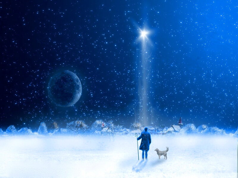 Shepherd with Dog in Snow — Blue