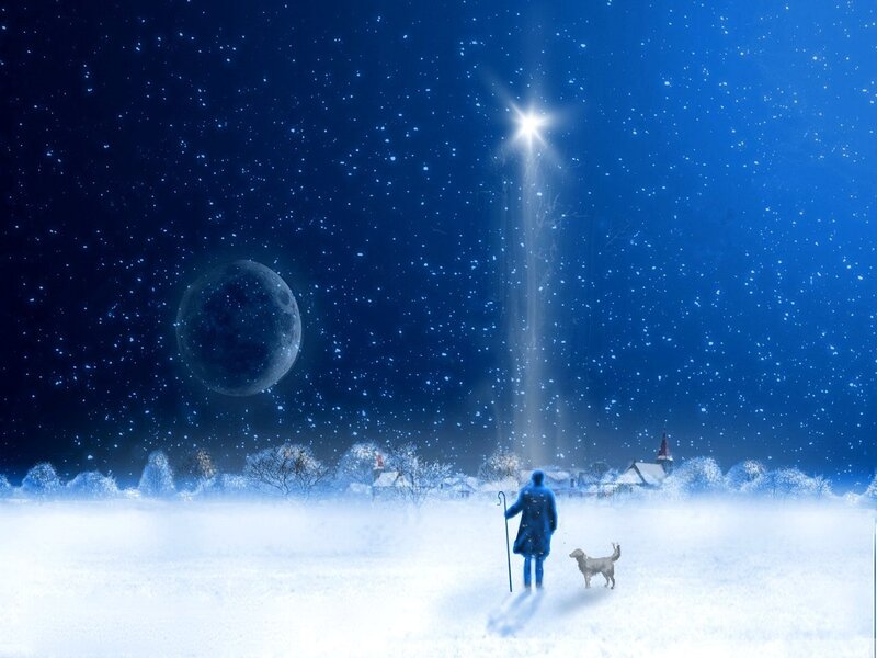 Shepherd with Dog in Snow