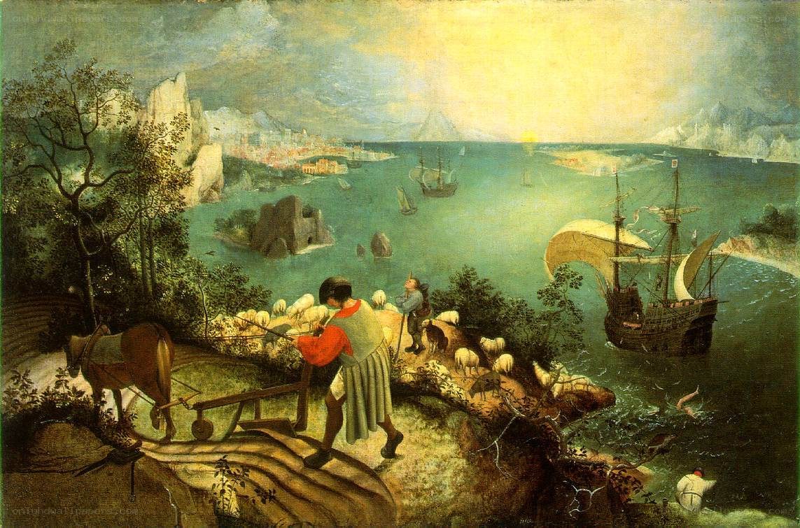 Shepherd with flock by sea