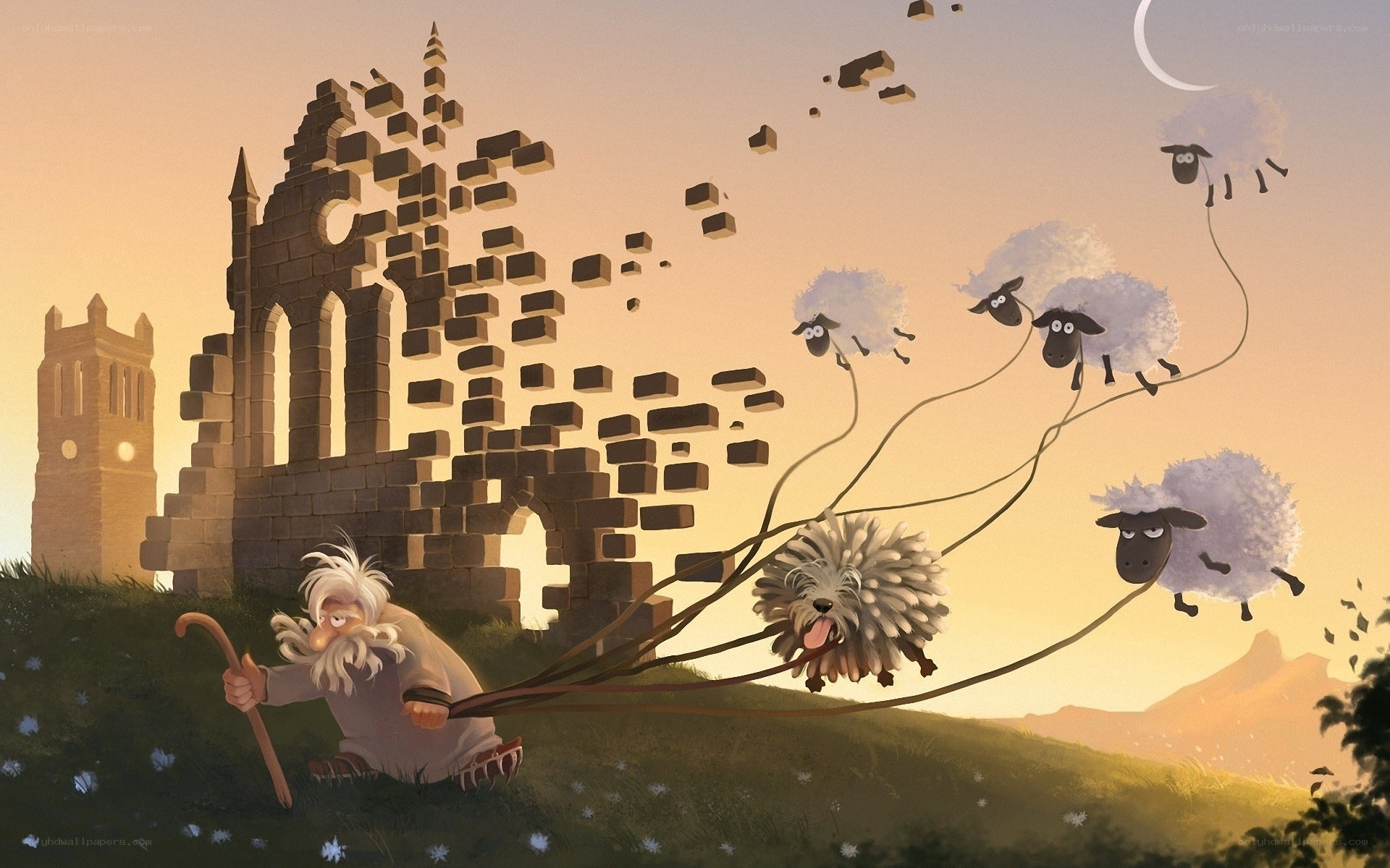 Shepherd with flying sheep