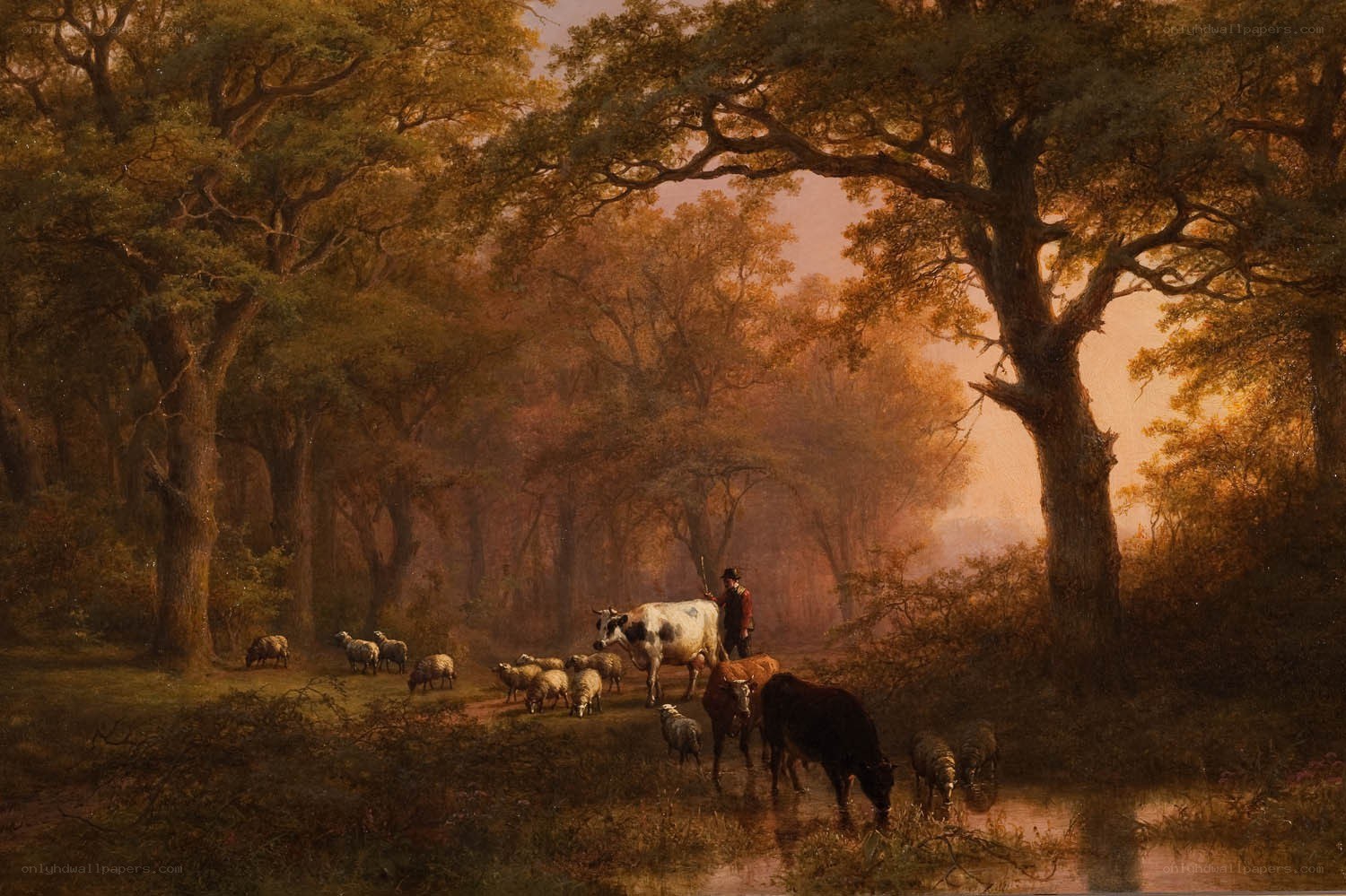 Shepherd with livestock in forest