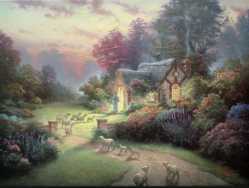 Shepherd with sheep at cottage