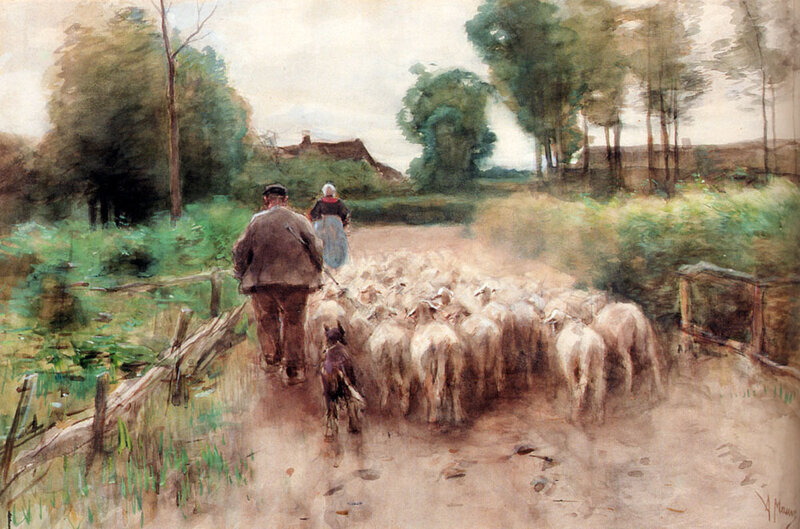 Shepherd with Sheep — Green, Calm