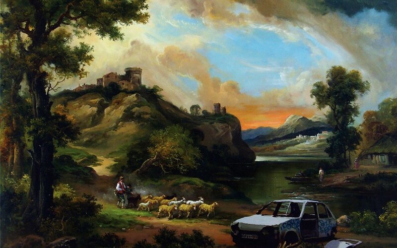 Shepherd with Sheep — Green, Dramatic