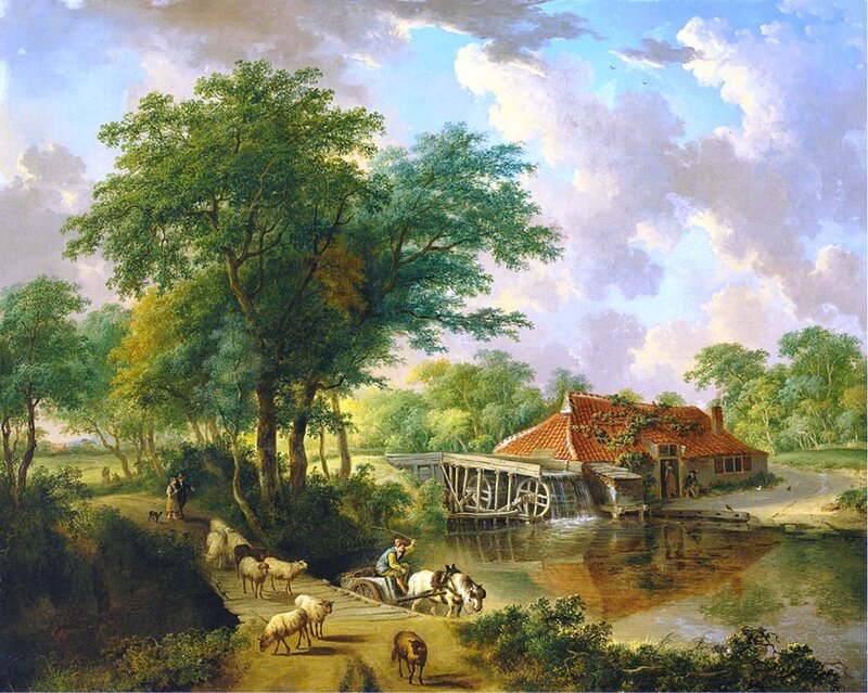 Shepherd with Sheep — Green, Serene, Afternoon, Painting