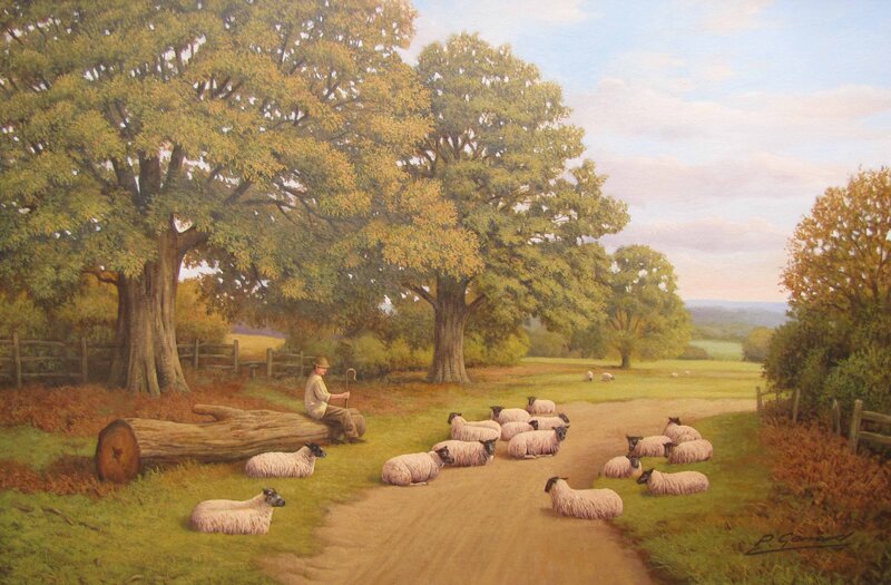 Shepherd with Sheep — Green, Serene, Afternoon, Painting, Trees