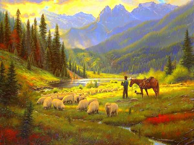 Shepherd with Sheep — Green, Serene, Sunset, Painting