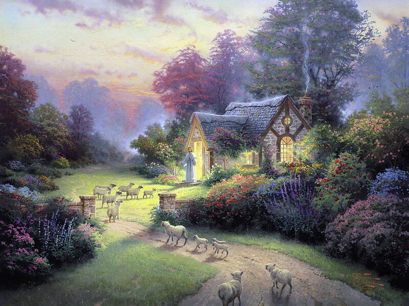 Shepherd with Sheep — Green, Serene, Sunset