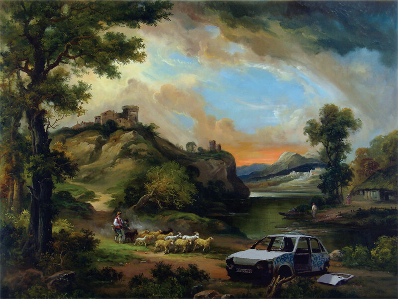 Shepherd with sheep in landscape