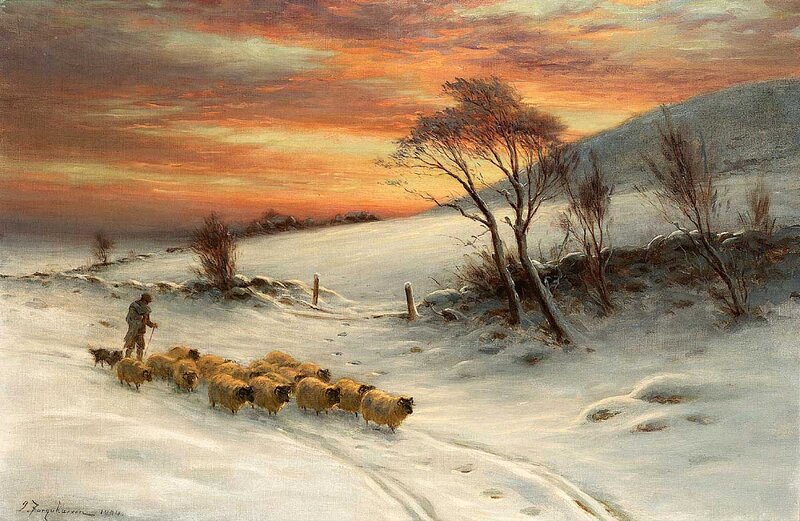 Shepherd with Sheep in Snow