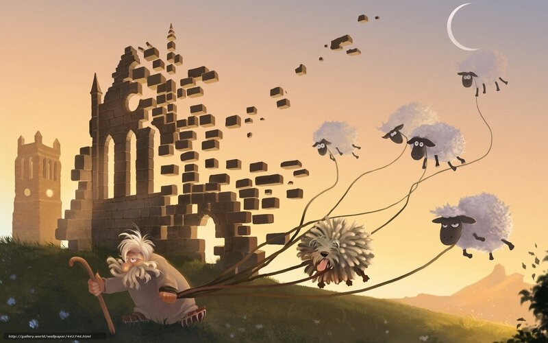 Shepherd with Sheep — Orange, Dreamy, Sunset, Illustration
