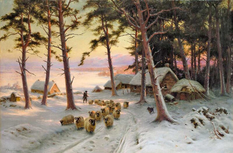 Shepherd with Sheep — White, Serene, Winter, Painting