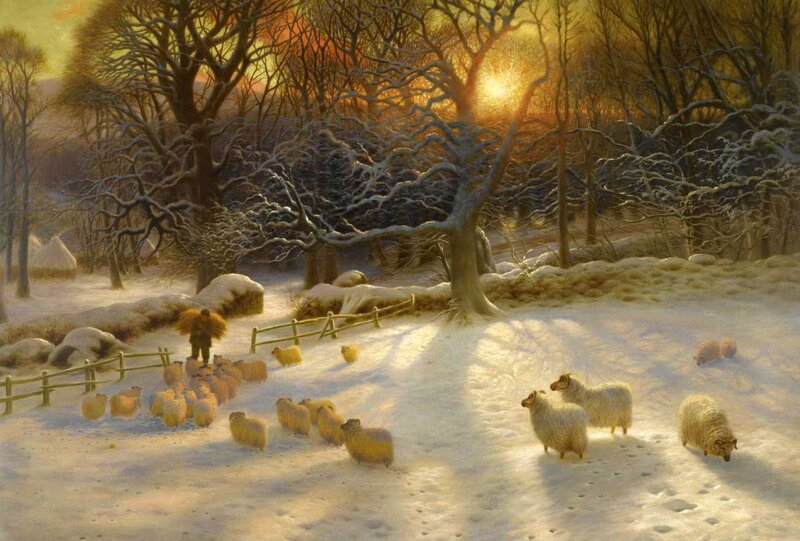 Shepherd with Sheep — White, Serene, Winter
