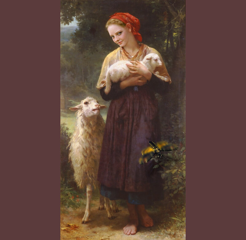 Shepherdess with lambs