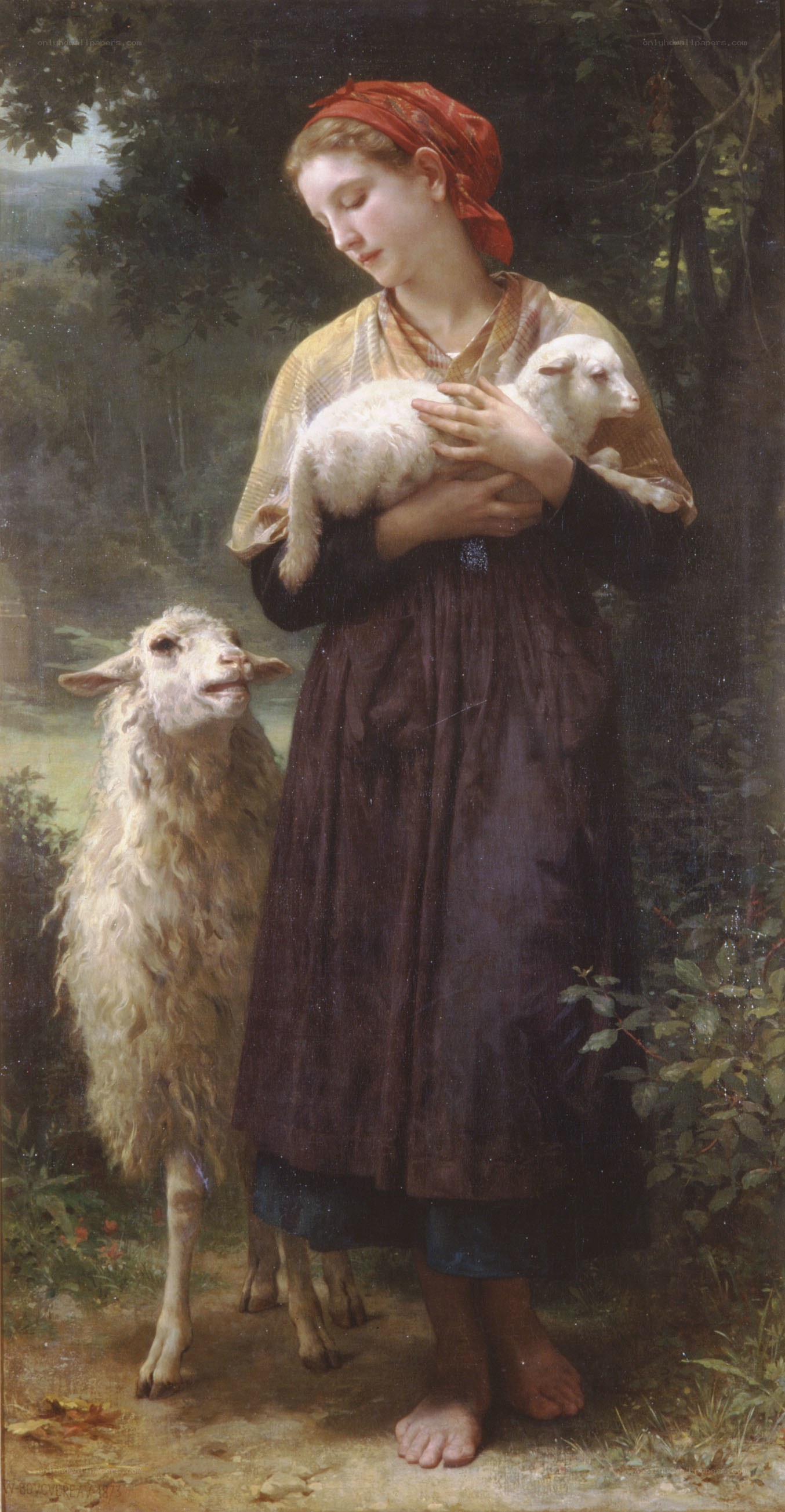 Shepherdess with lambs