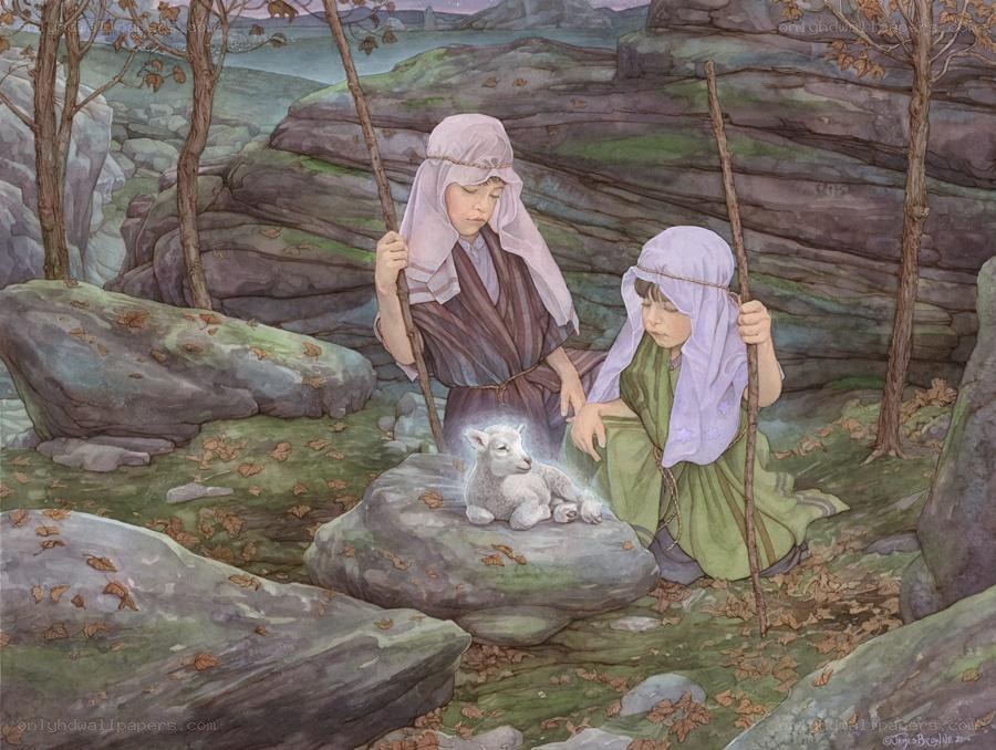 Shepherds with a lamb