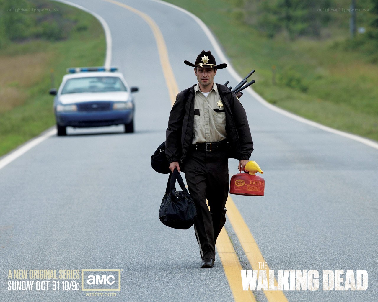 Sheriff walking on road with gear