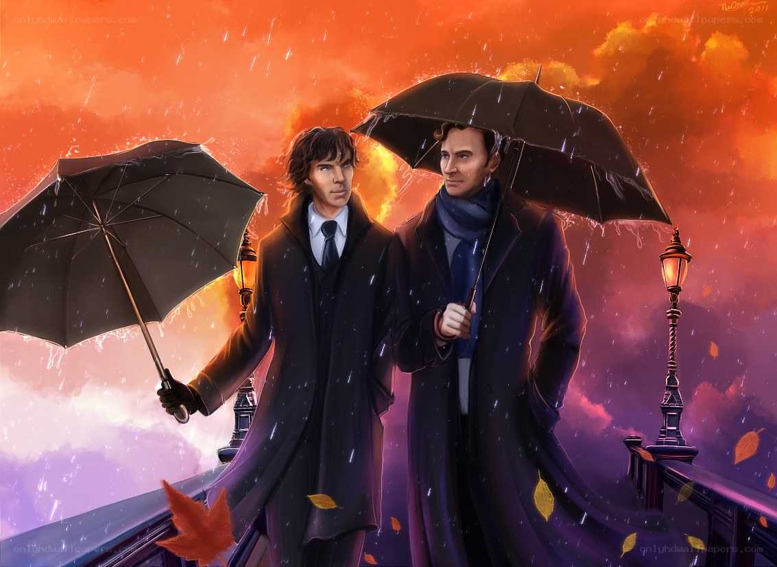 Sherlock and Watson in the rain