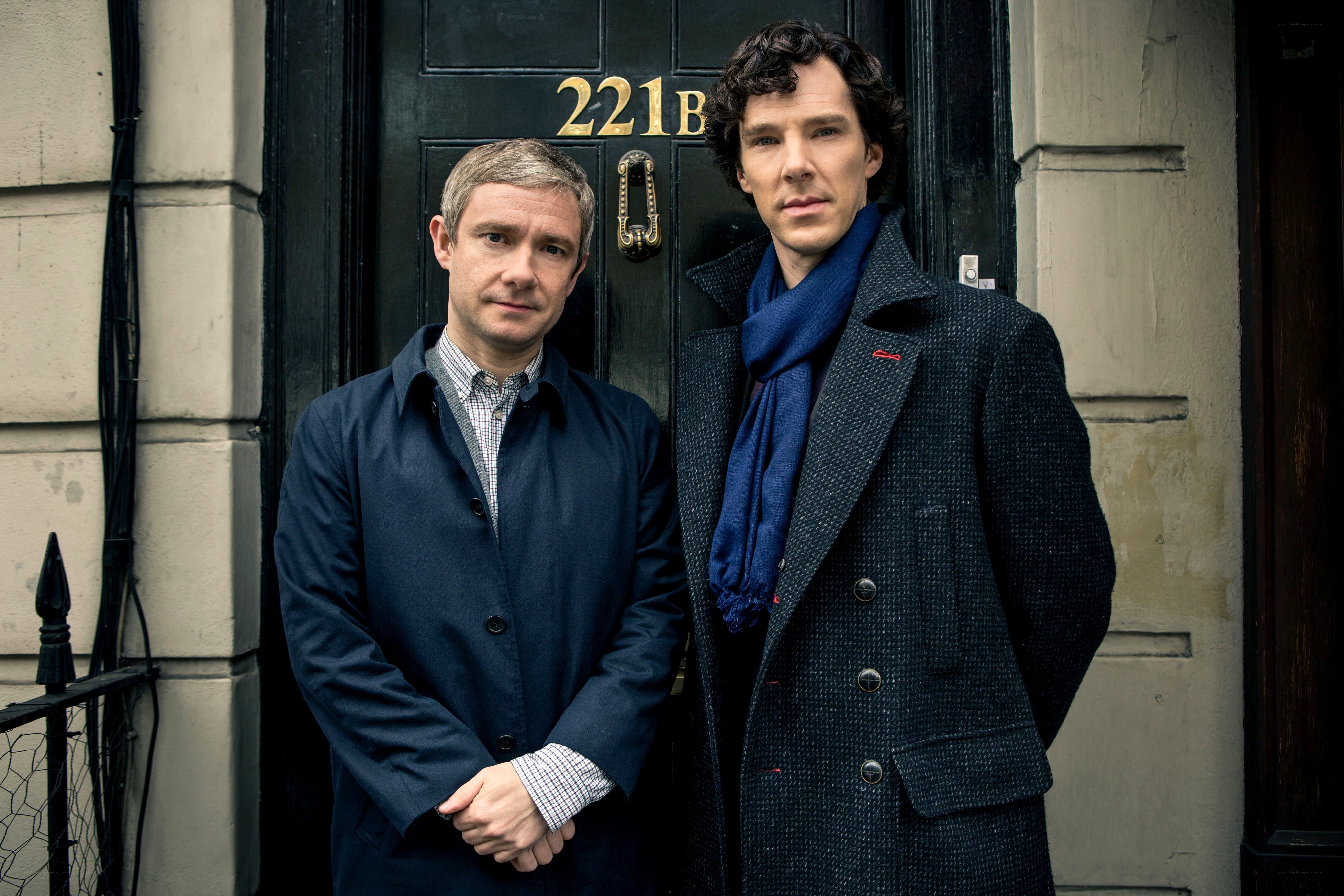 Sherlock and Watson outside 221B