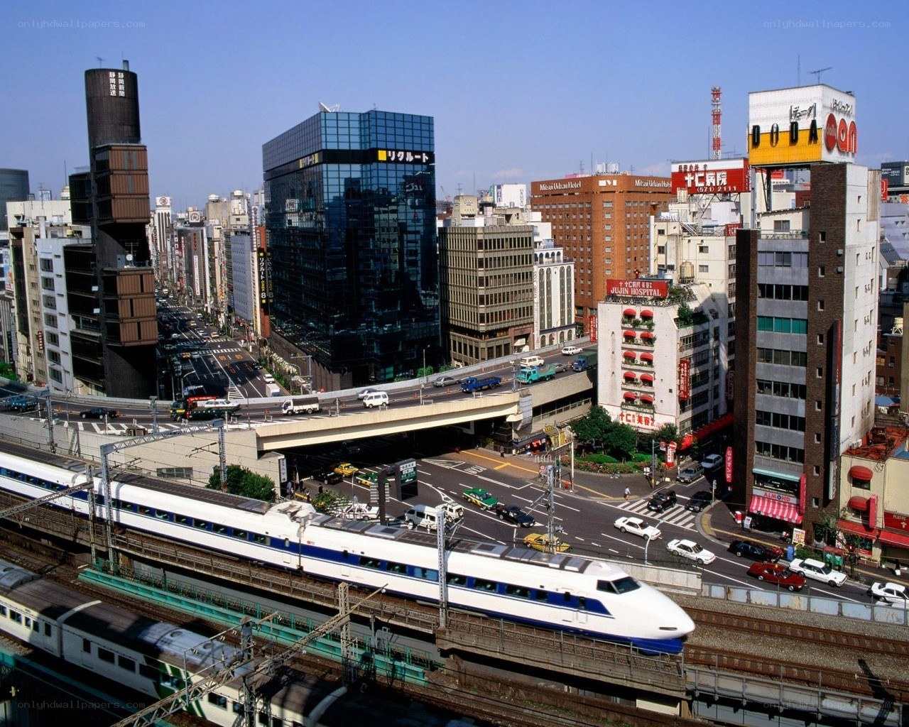 Shinkansen train in a city