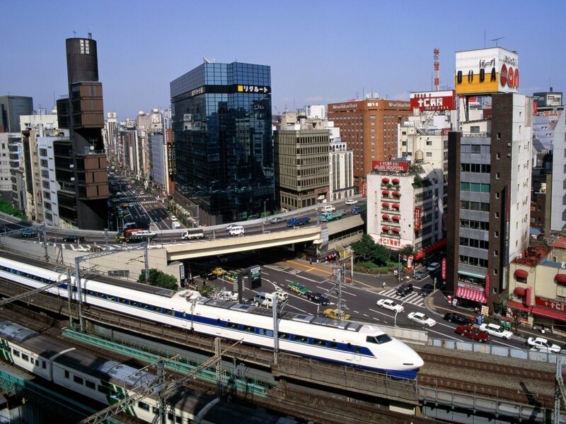 Shinkansen train in urban Japan