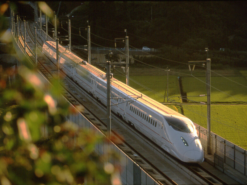 Shinkansen train on elevated track