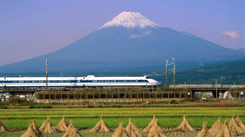 Shinkansen train with Mount Fuji