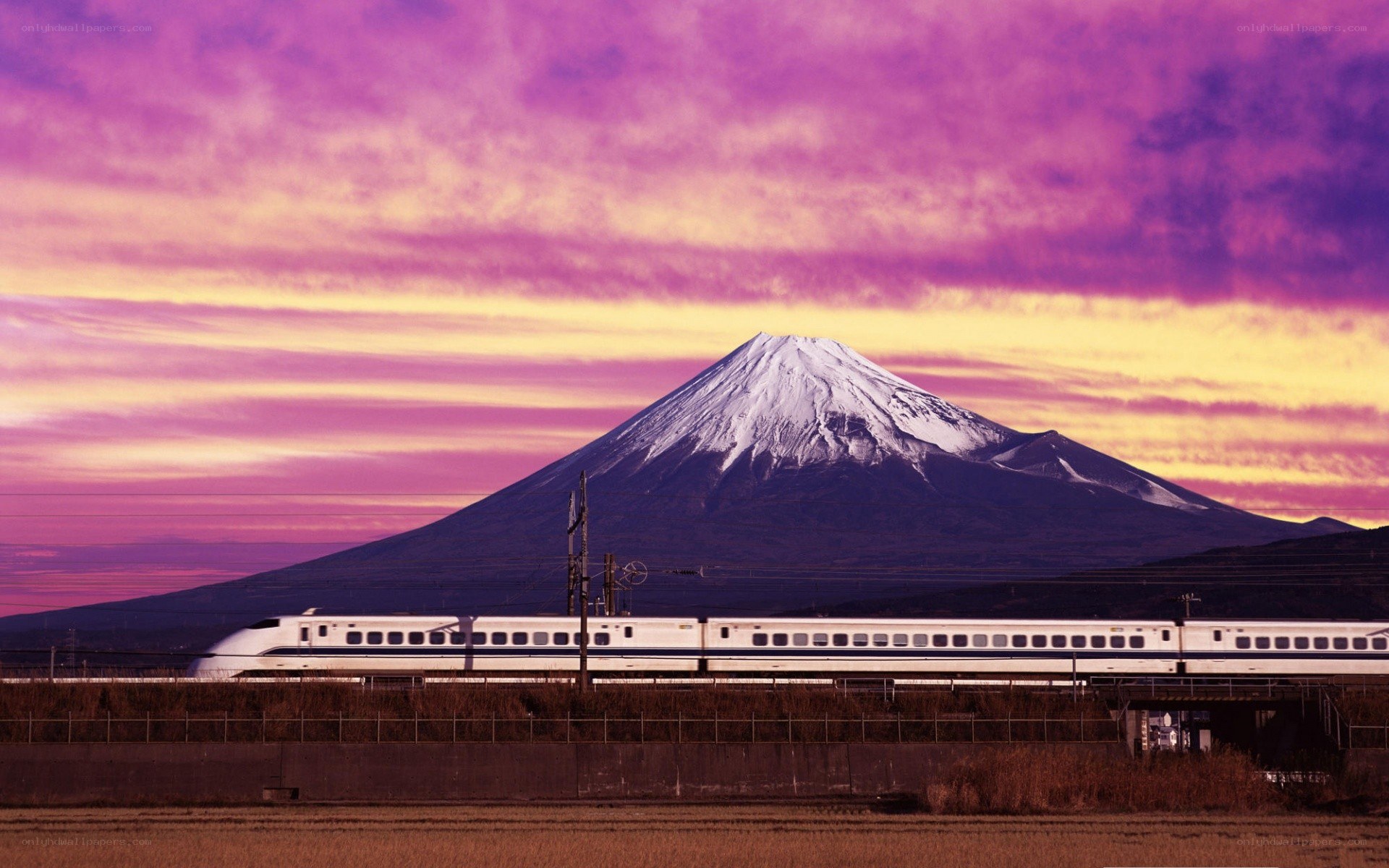 Shinkansen train with Mount Fuji