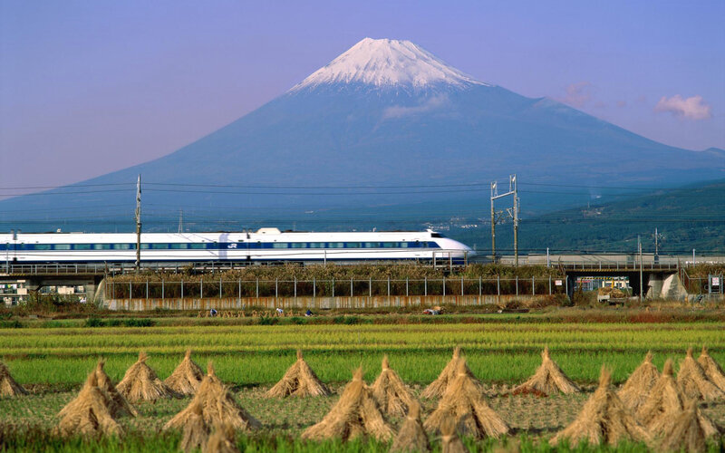Shinkansen train with Mount Fuji