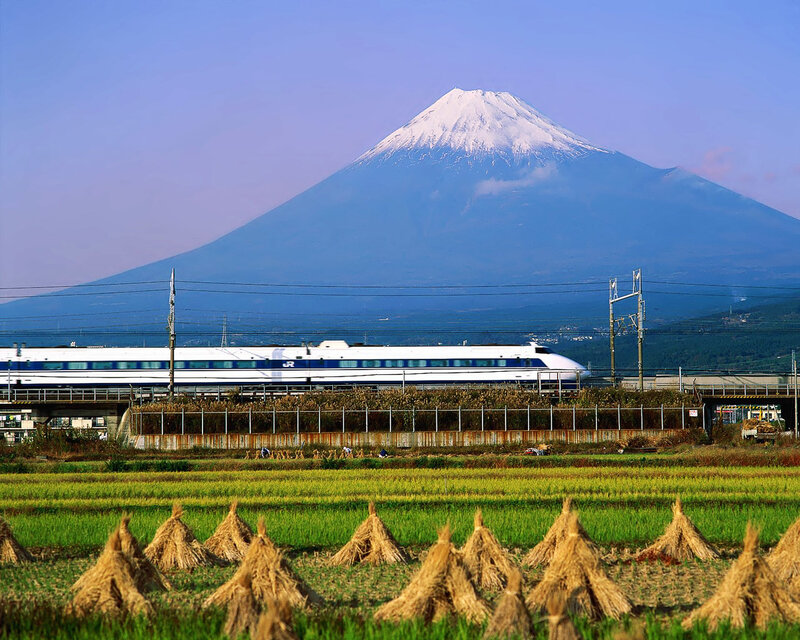 Shinkansen train with Mount Fuji