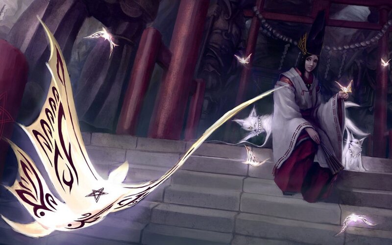 Shinto priestess with spirit cats