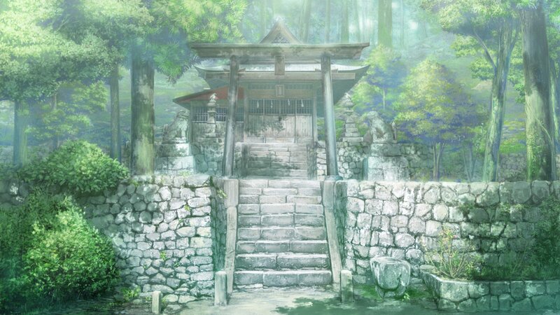 Shinto shrine in a misty forest