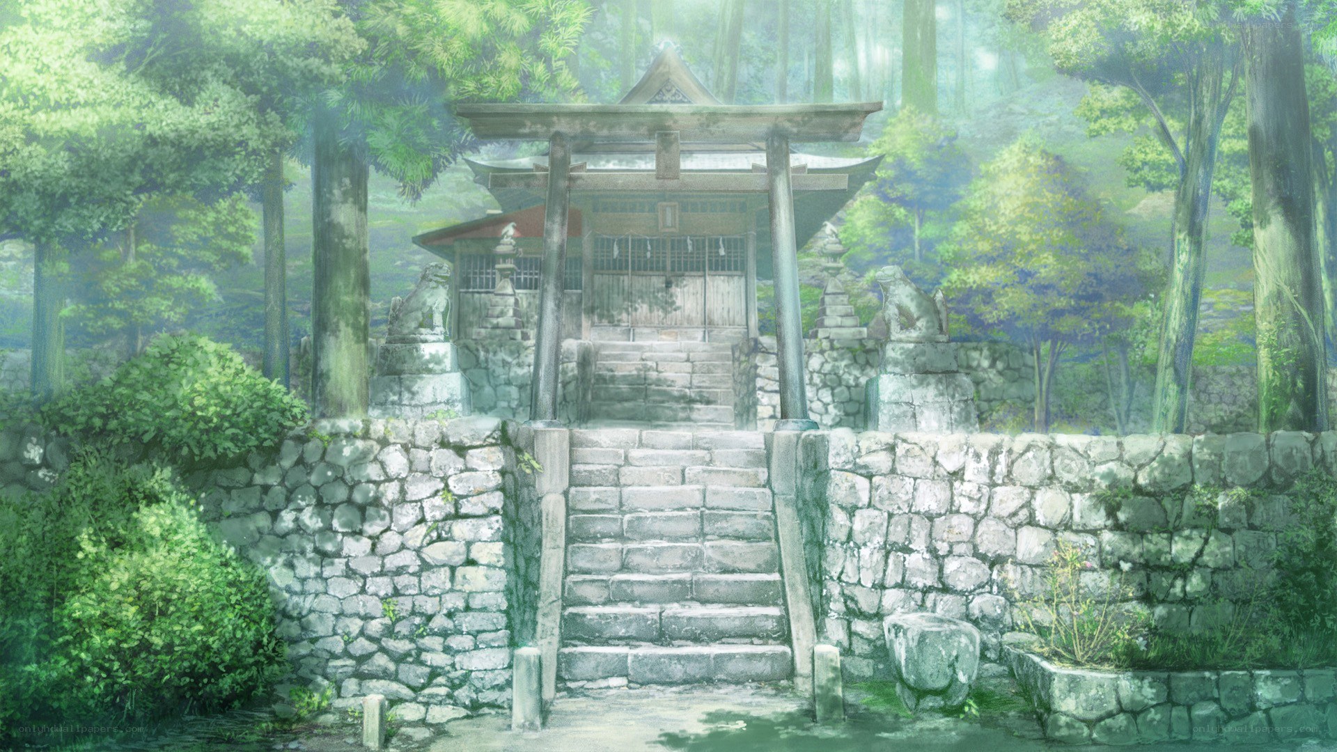 Shinto shrine in a misty forest