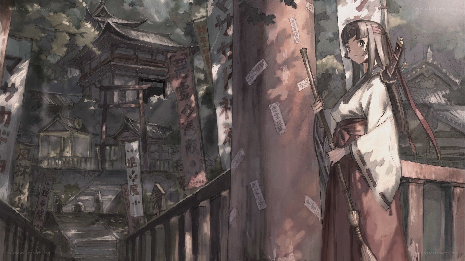Shinto shrine with a priestess