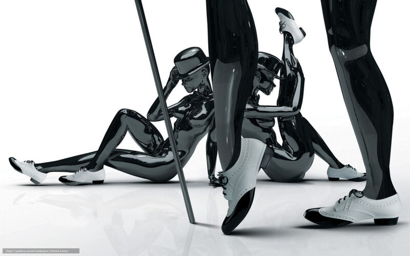 Shiny black mannequins with white shoes