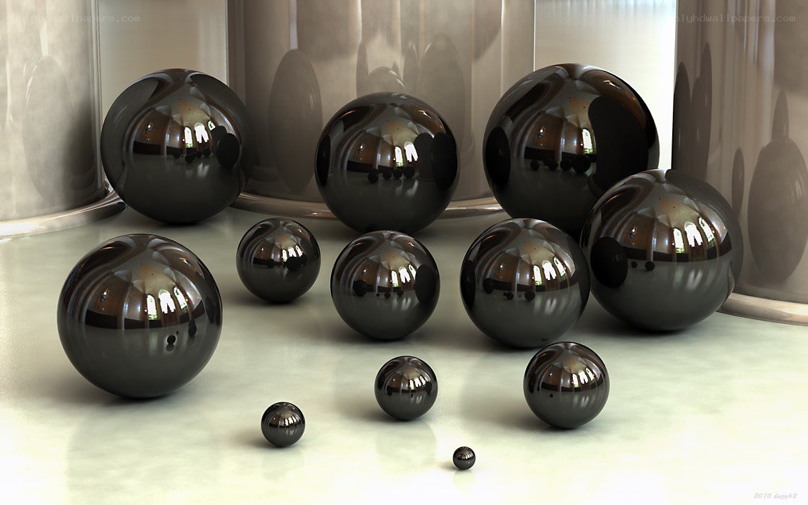 Shiny black spheres on a reflective surface