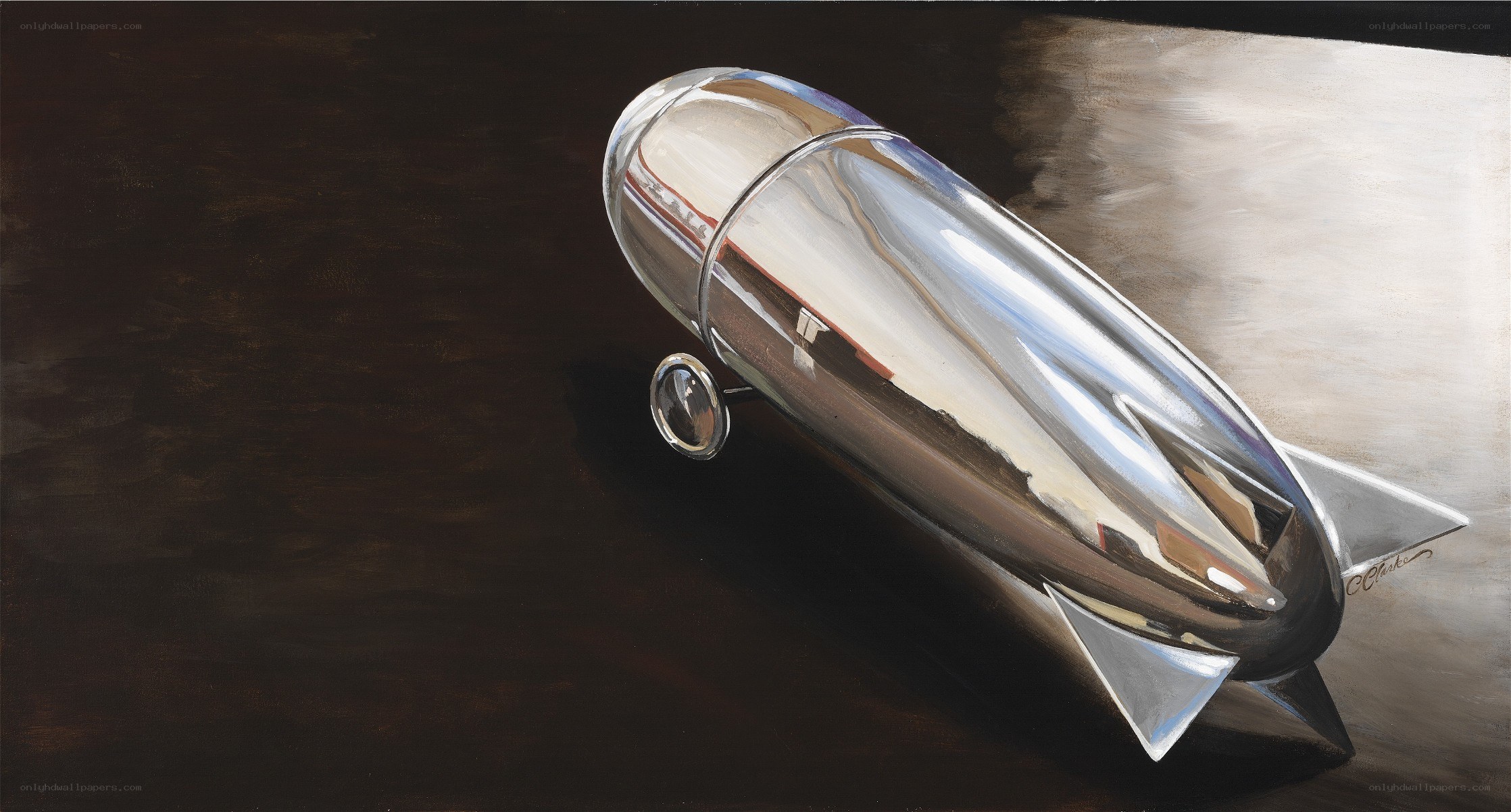 Shiny chrome rocket on dark surface
