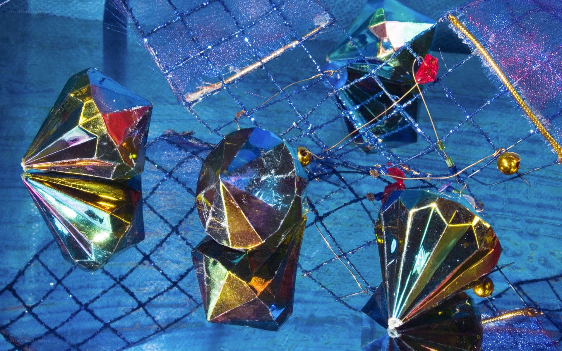 Shiny gem ornaments on net