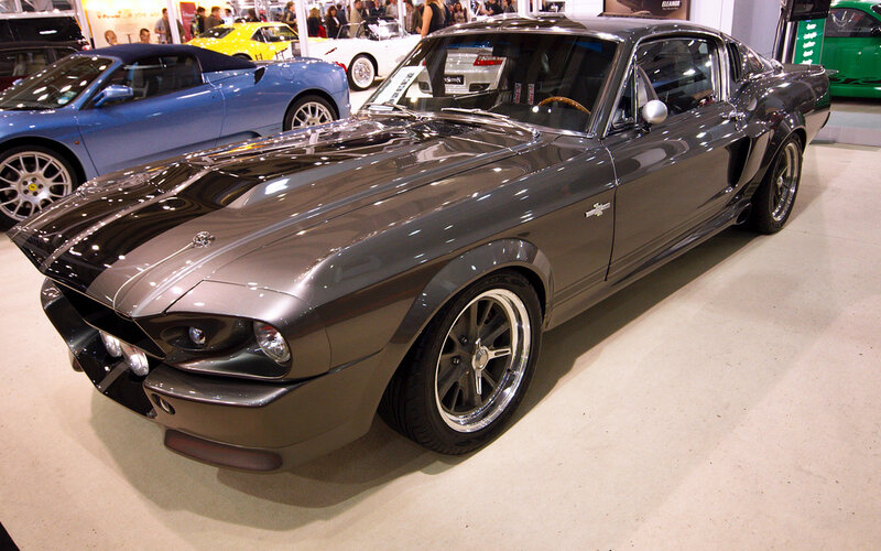 Shiny gray muscle car on display